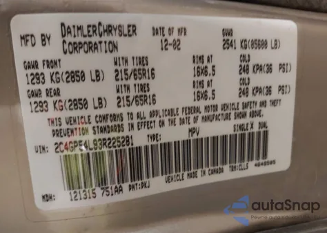 2003 Chrysler Town & Country Lxi from USA, damaged, VIN 2C4GP54L93R225281